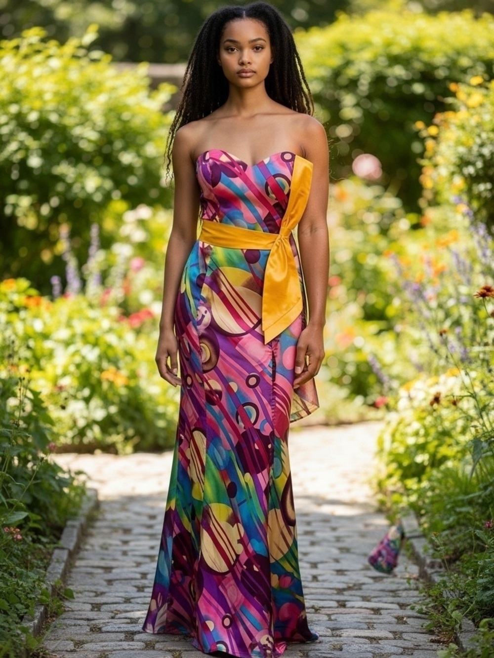 Strapless Multicolor Printed Evening Dress with Gold Sash. Women’s Size 6